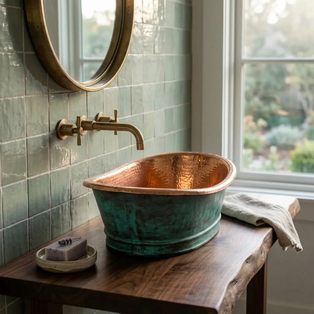 Green Patina Copper Vessel Sink – Rustic Oval Vanity Basin