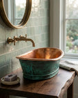 Green Patina Copper Vessel Sink – Rustic Oval Vanity Basin