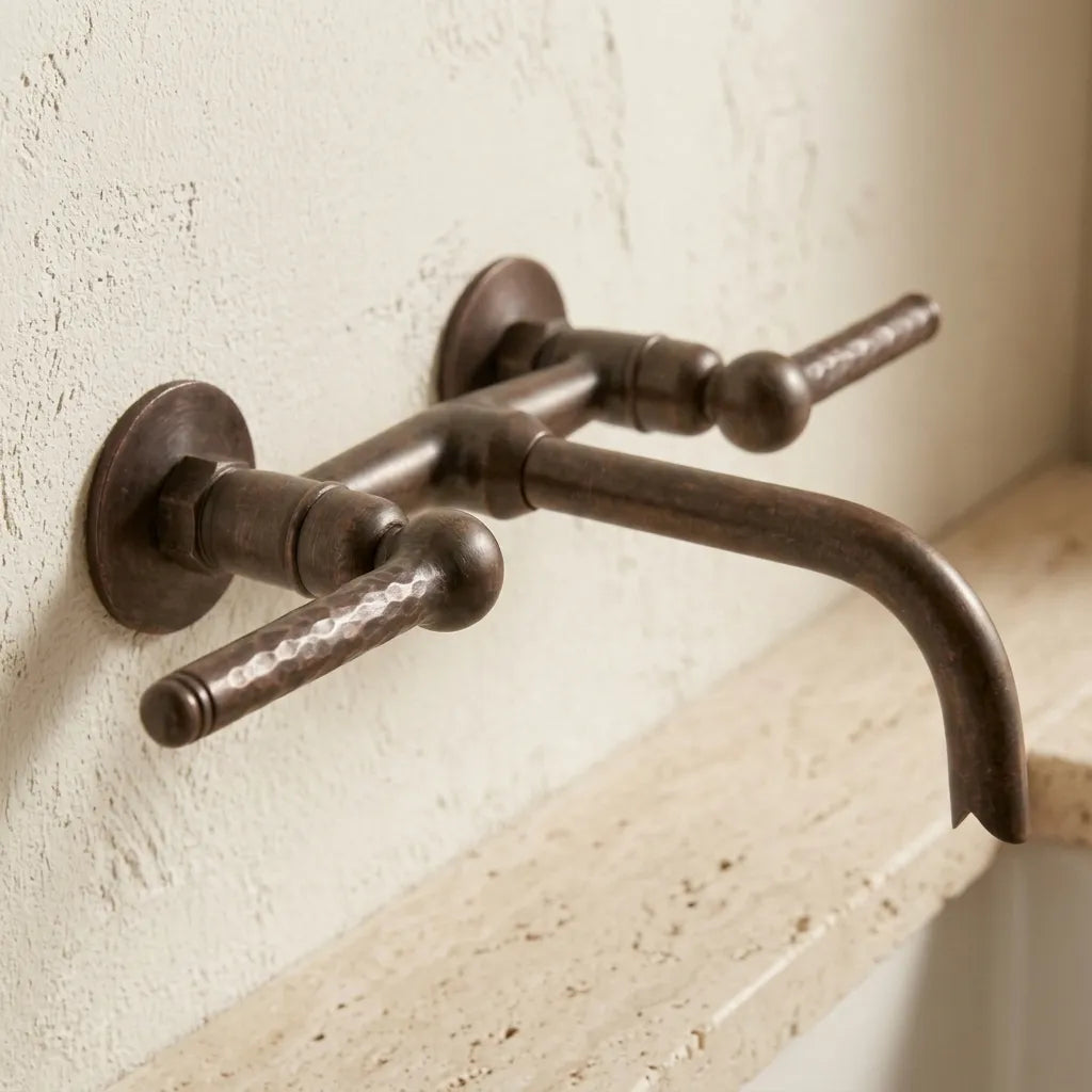 Aged Copper Wall Mounted Bathroom Faucet – Hammered Handles