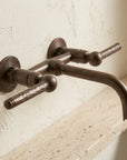 Aged Copper Wall Mounted Bathroom Faucet – Hammered Handles