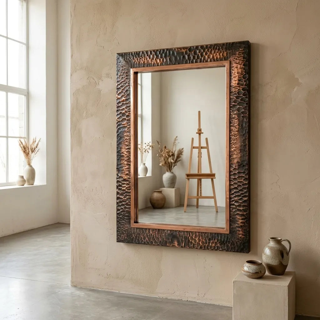 Patina Copper Rectangular Mirror – Artisan Bathroom Wall Accent