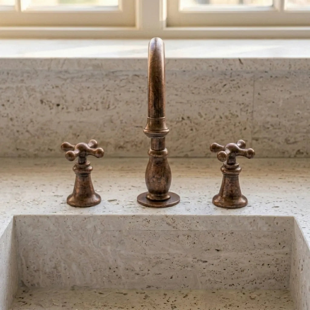 Aged Copper Widespread Bathroom Faucet with Cross Handles