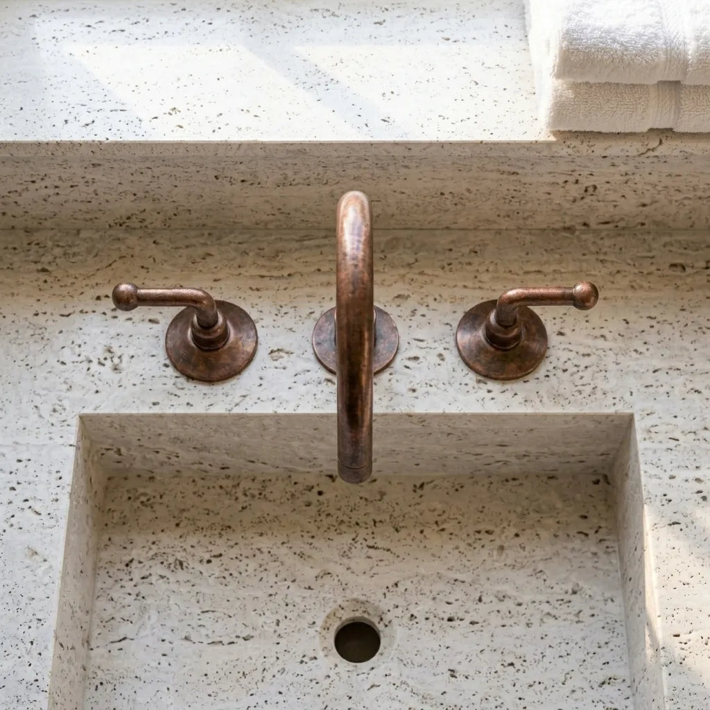 Handmade Aged Copper Bridge Bathroom Faucet with Gooseneck Spout