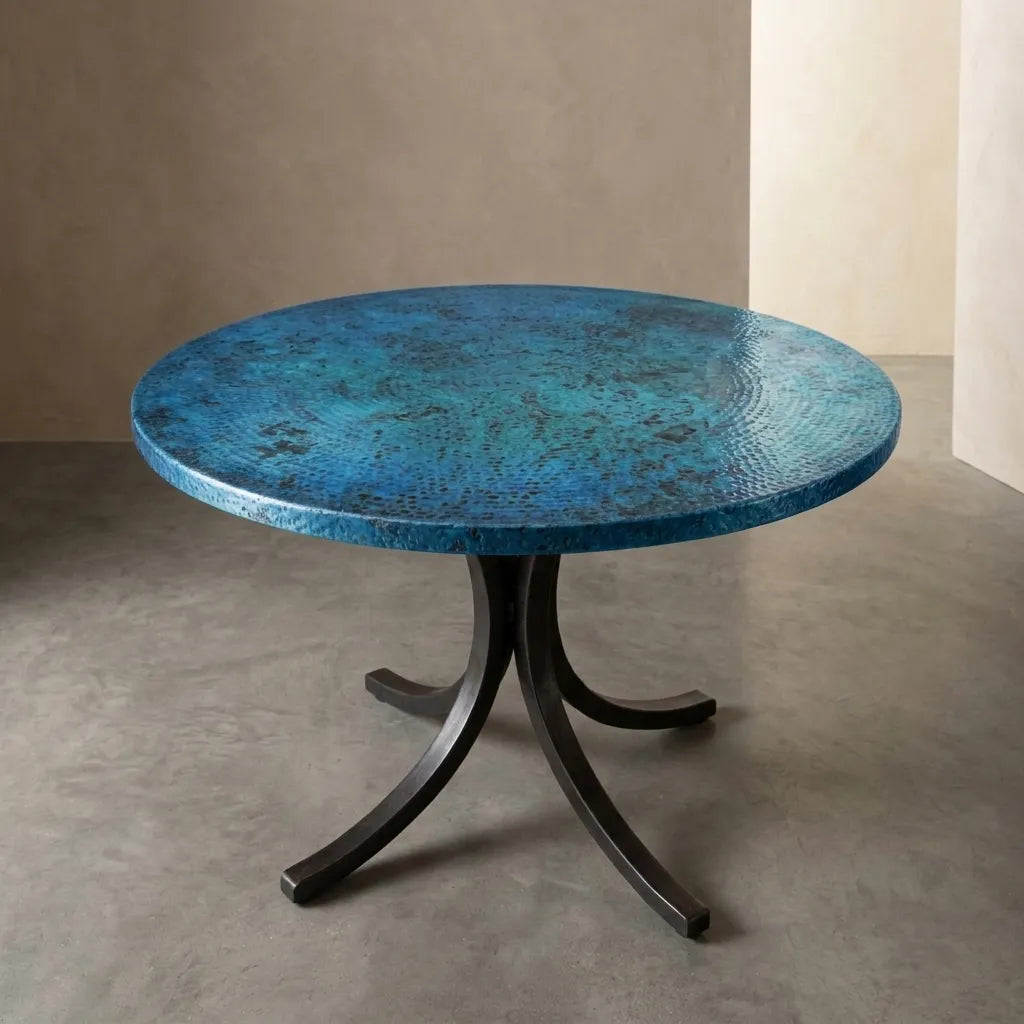 Blue Oxidized Copper Round Table with Curved Copper Base