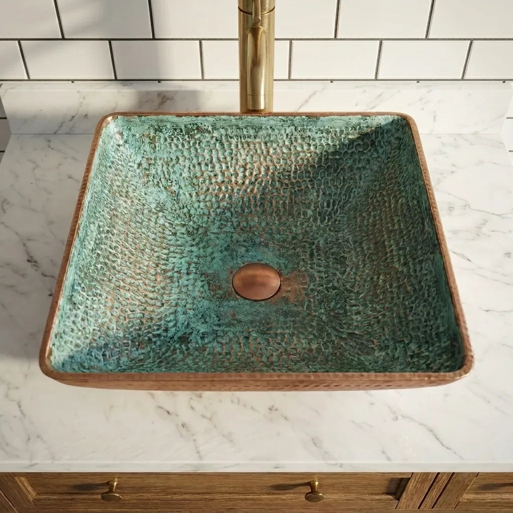 Handmade Oxidized Copper Vessel Sink – Square Hammered Bathroom Basin