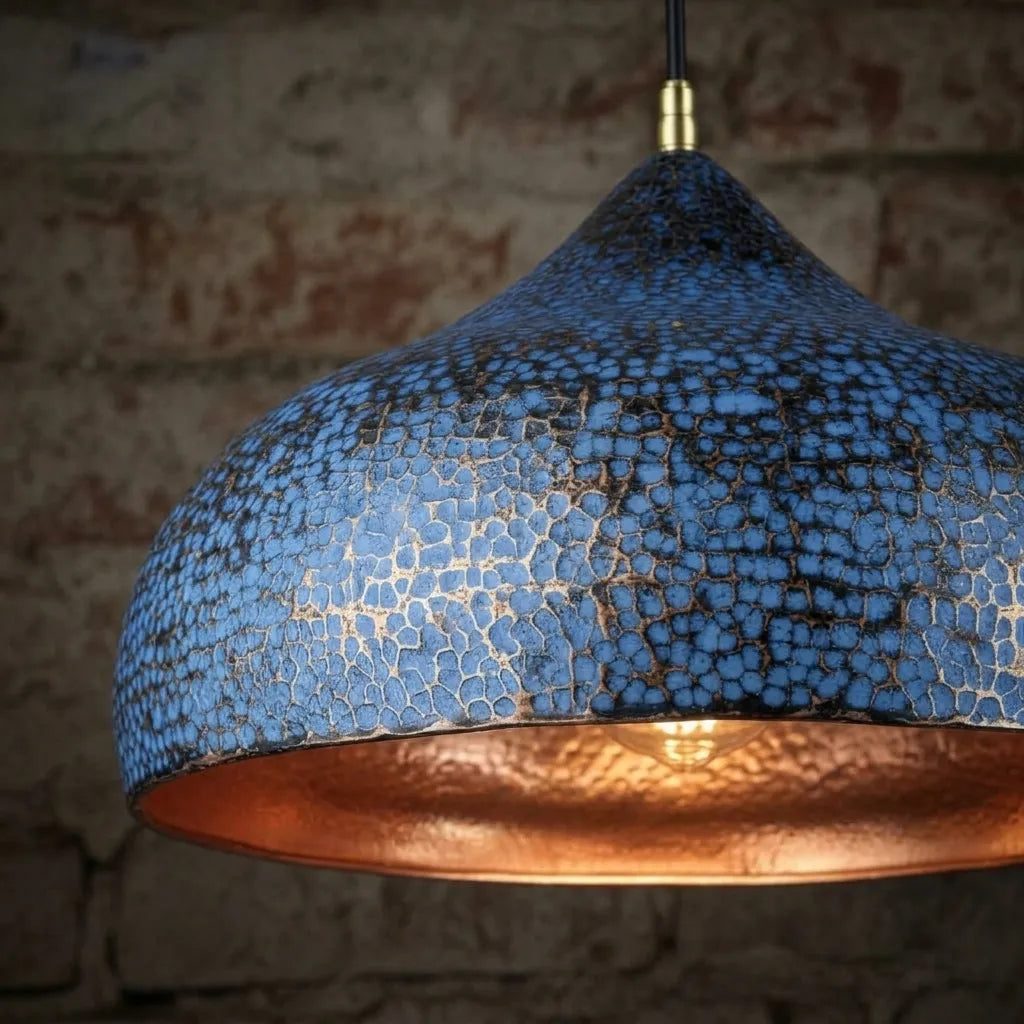 Handmade Blue Patina Copper Pendant Light – Rustic Dome Ceiling Lamp