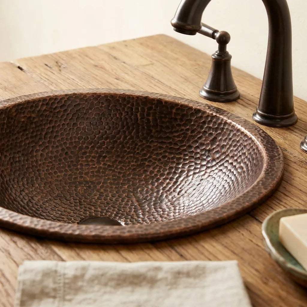 Hammered Copper Bathroom Sink Round Undermount Rustic Vanity Basin