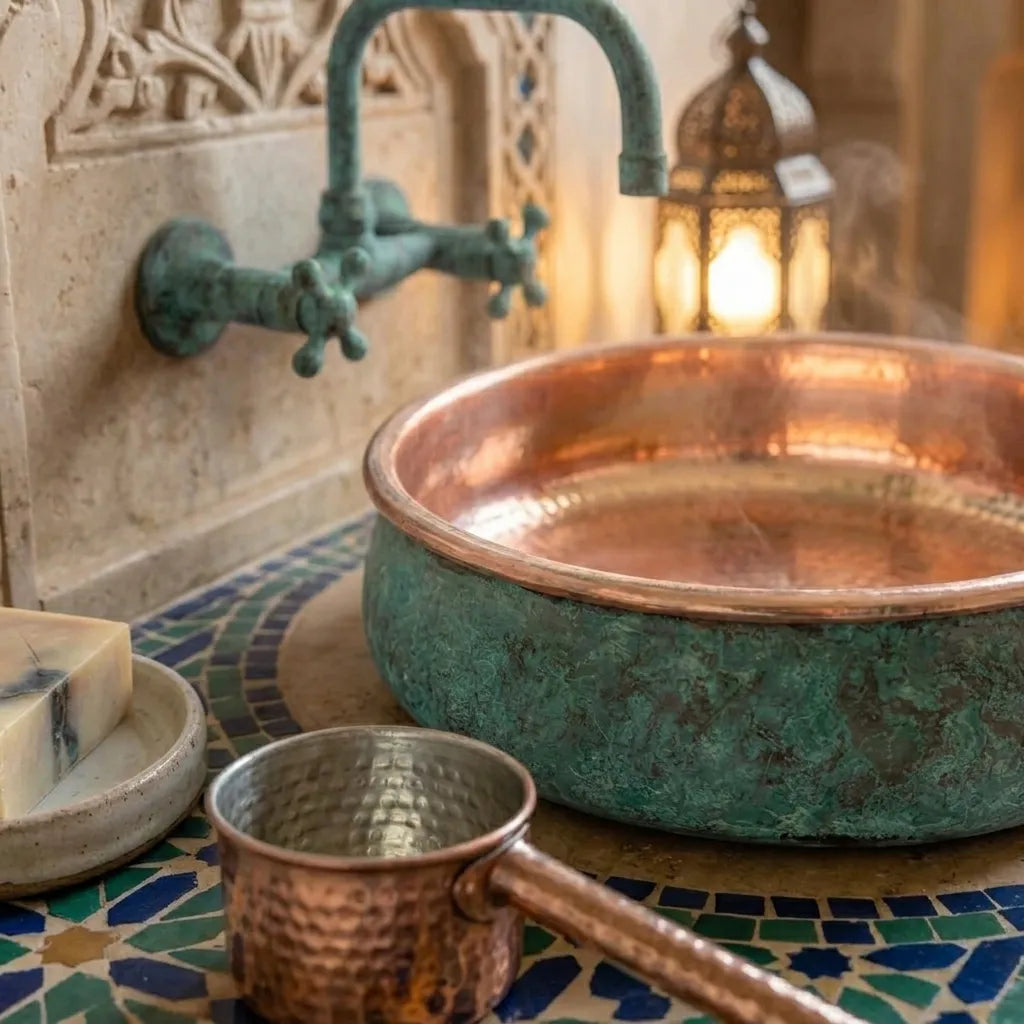 Verdigris Copper Vessel Sink – Round Moroccan Bathroom Basin