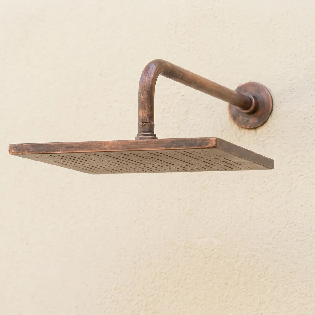 Aged Copper Square Rainfall Shower Head – Wall Mounted