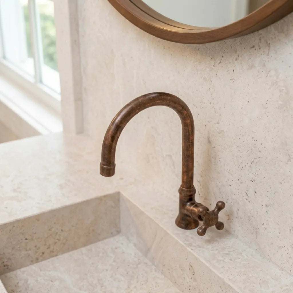 Handmade Aged Copper Single Hole Bathroom Faucet with Cross Handle