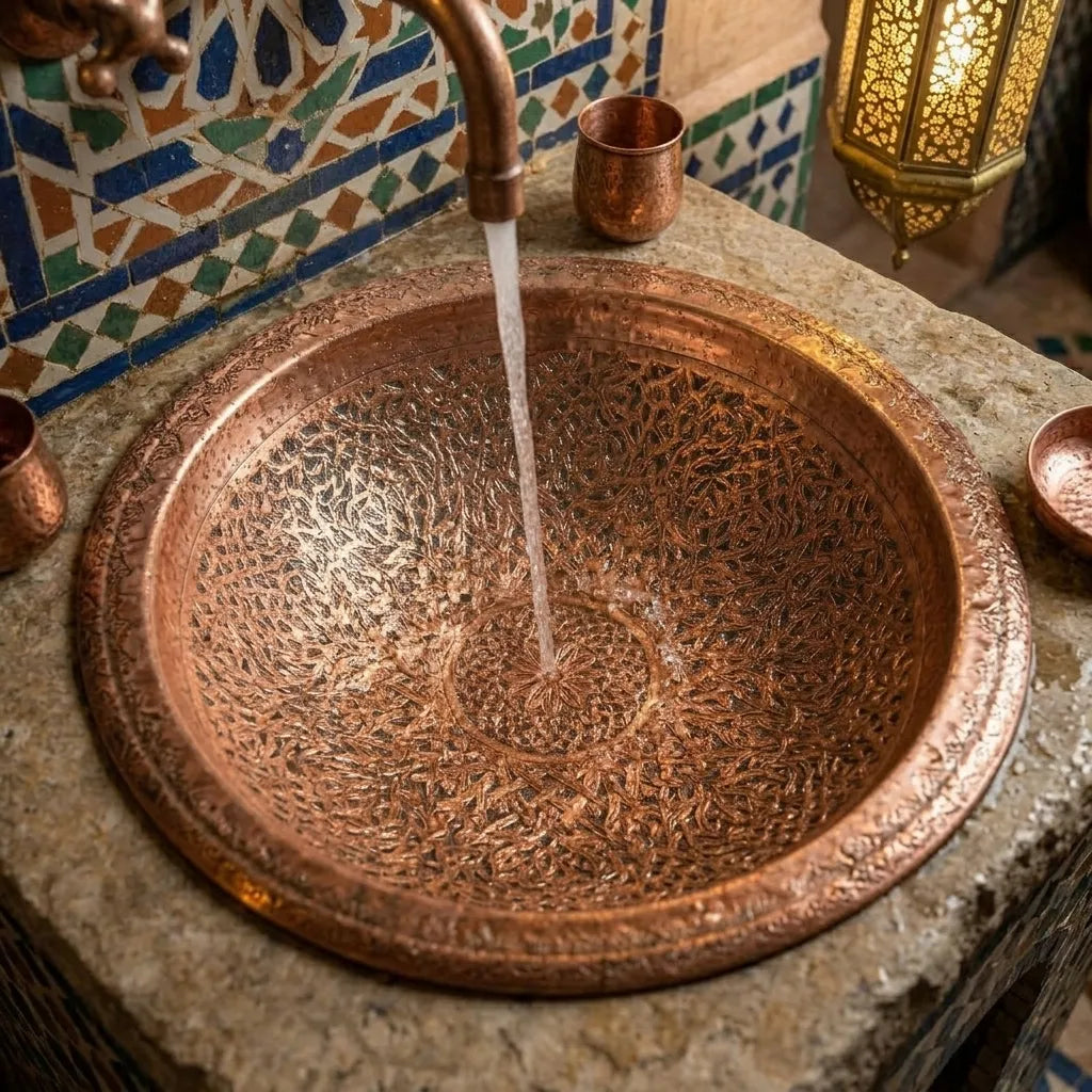 Engraved Copper Bathroom Sink – Moroccan Vanity Bowl