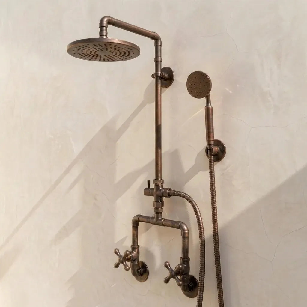 Vintage Copper Exposed Shower Set with Rain Head &amp; Handset