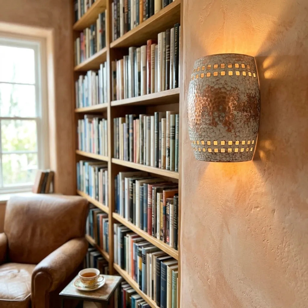 Handmade White Patina Copper Wall Sconce – Hammered Rustic Light