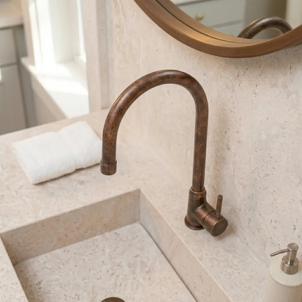 Rustic Solid Copper Vanity Faucet with Curved Spout