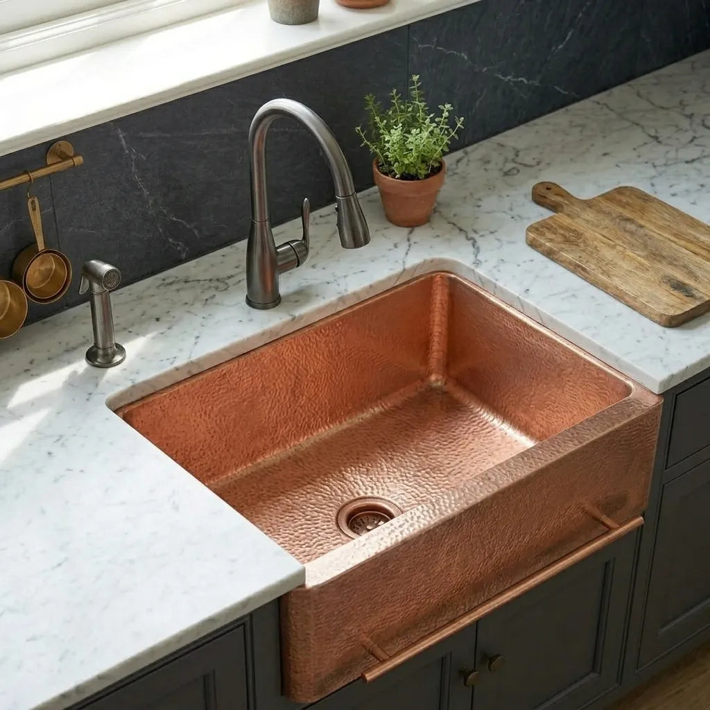 Copper Farmhouse Kitchen Sink with Front Towel Bar