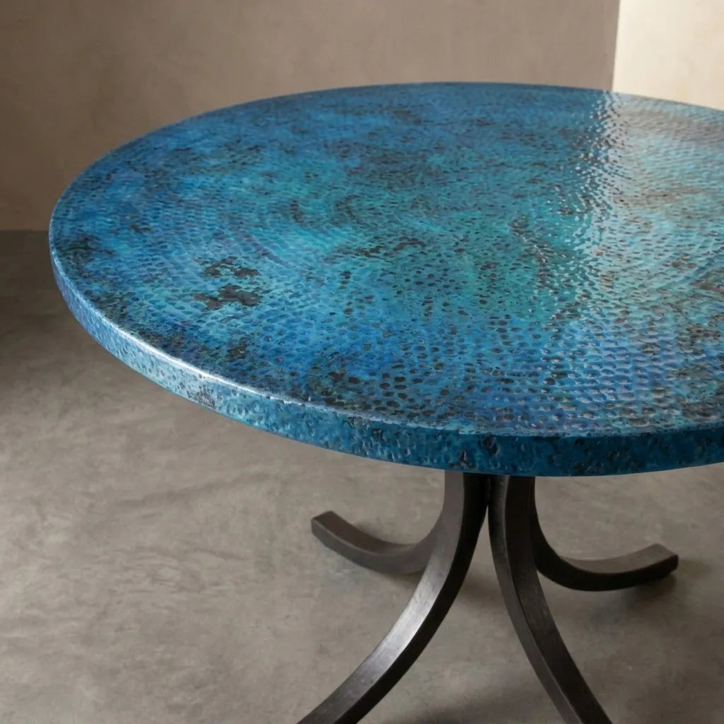 Blue Oxidized Copper Round Table with Curved Copper Base
