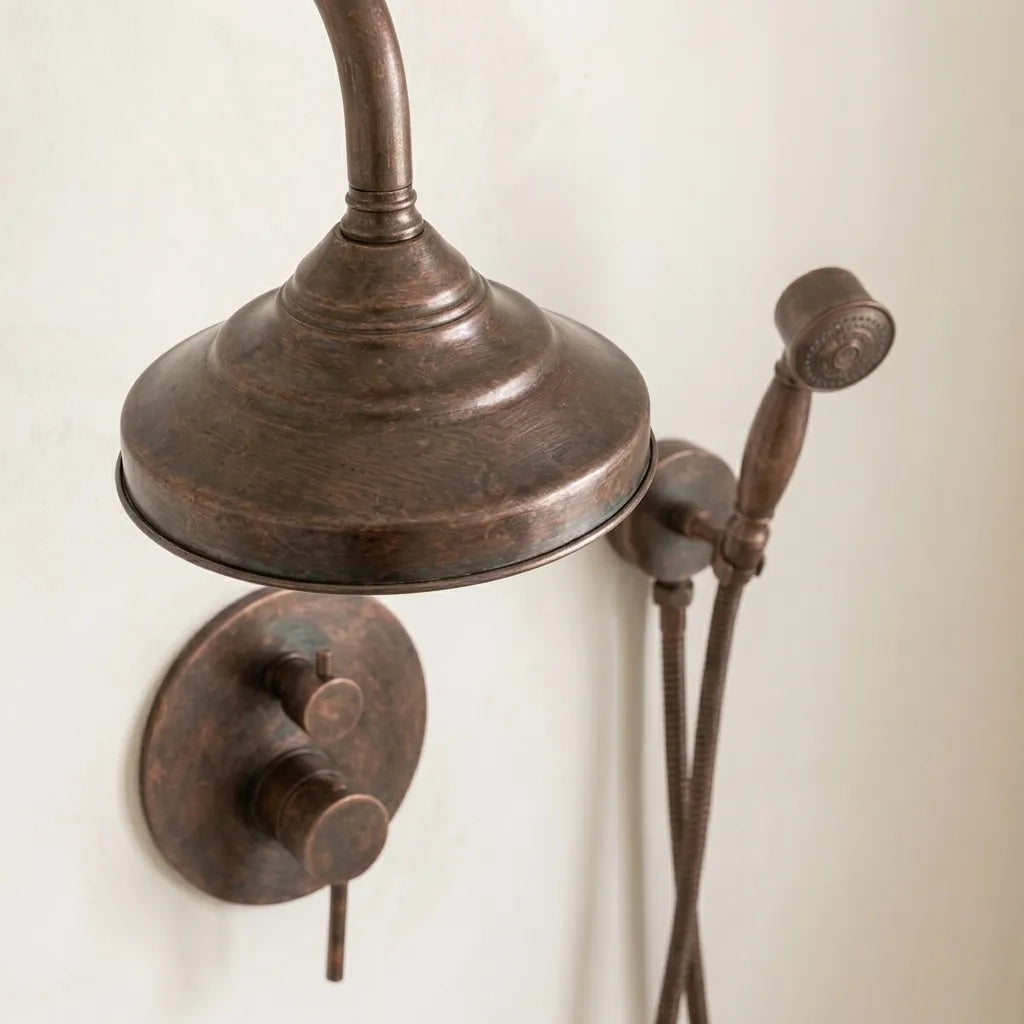 Aged Copper Rainfall Shower Set with Hand Sprayer