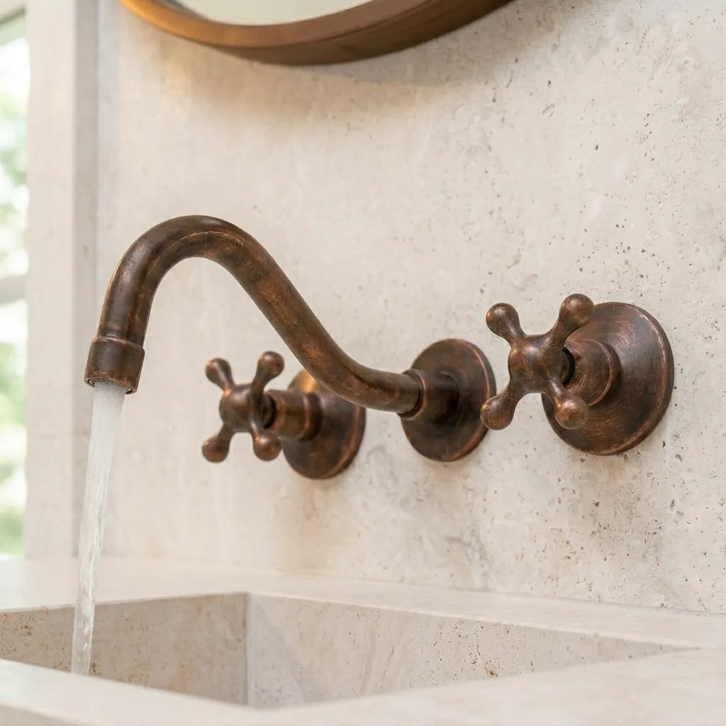 Rustic Copper Wall Faucet – Vintage Cross Handle Sink Tap