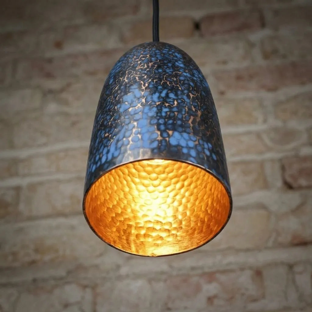 Handmade Blue Patina Copper Pendant Light – Rustic Hammered Ceiling Lamp