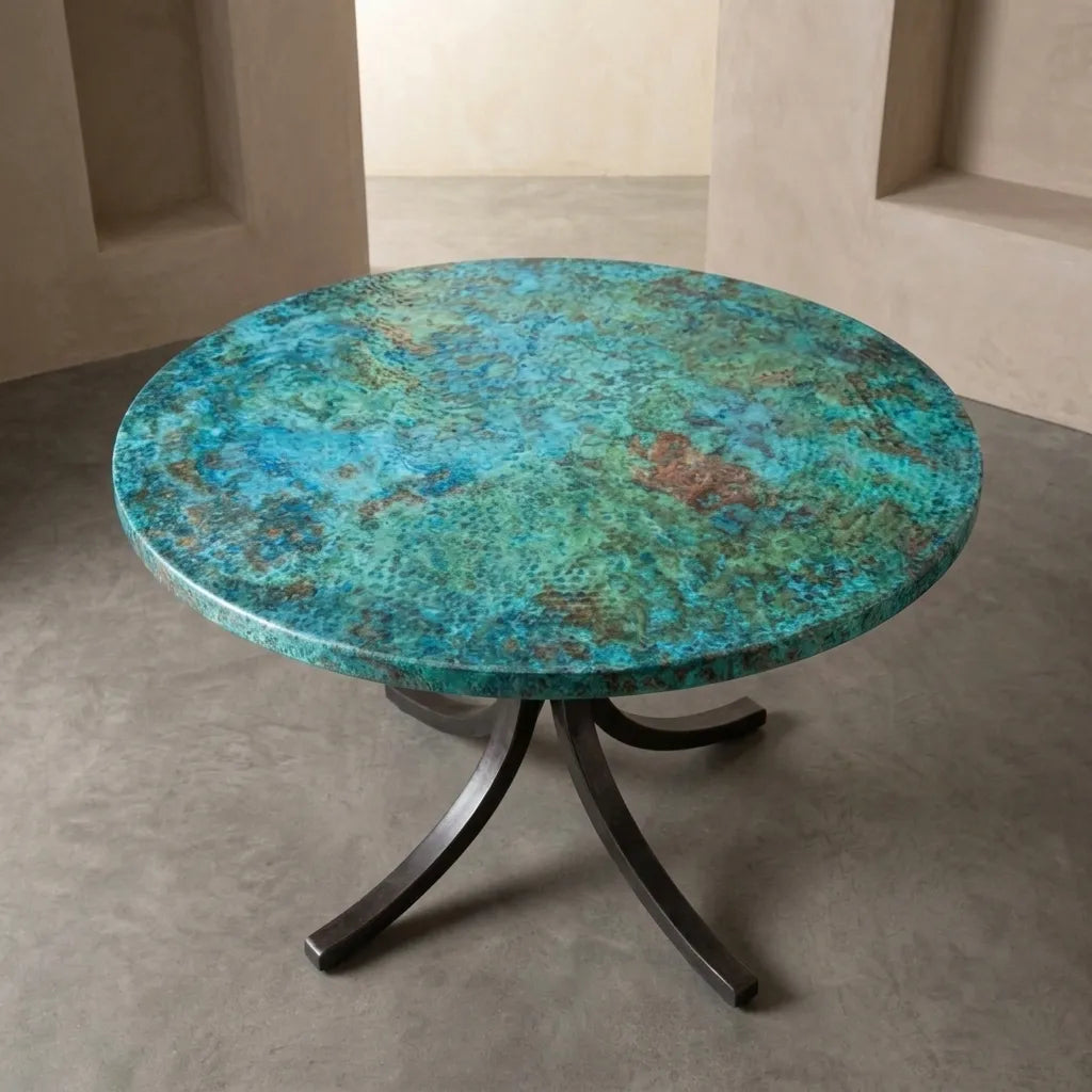 Verdigris Copper Coffee Table with Curved Artisan Base
