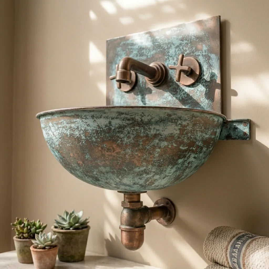Verdigris Copper Wall Mount Sink with Vintage Cross Faucet