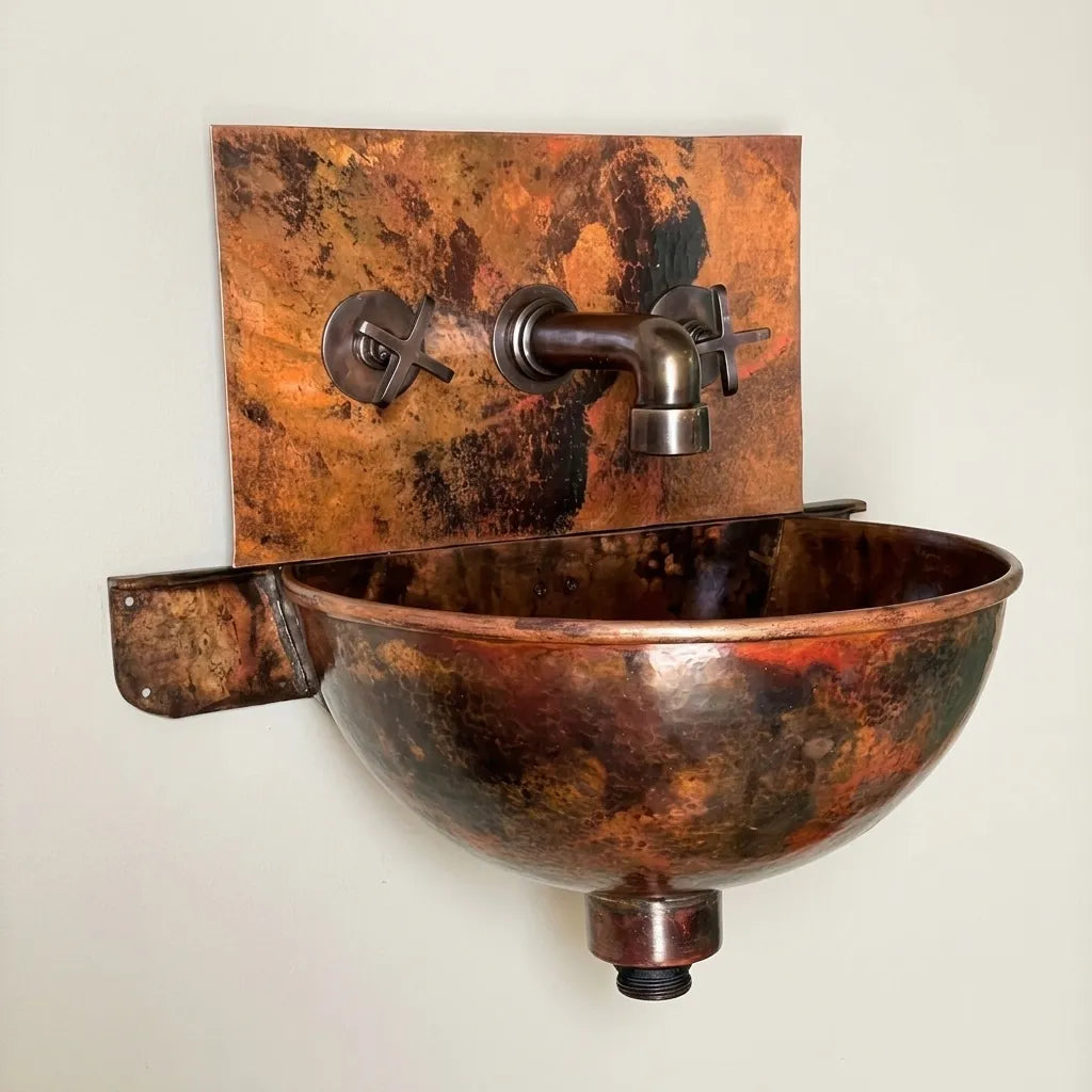 Wall Hung Copper Bathroom Sink with Faucet & Patina Finish