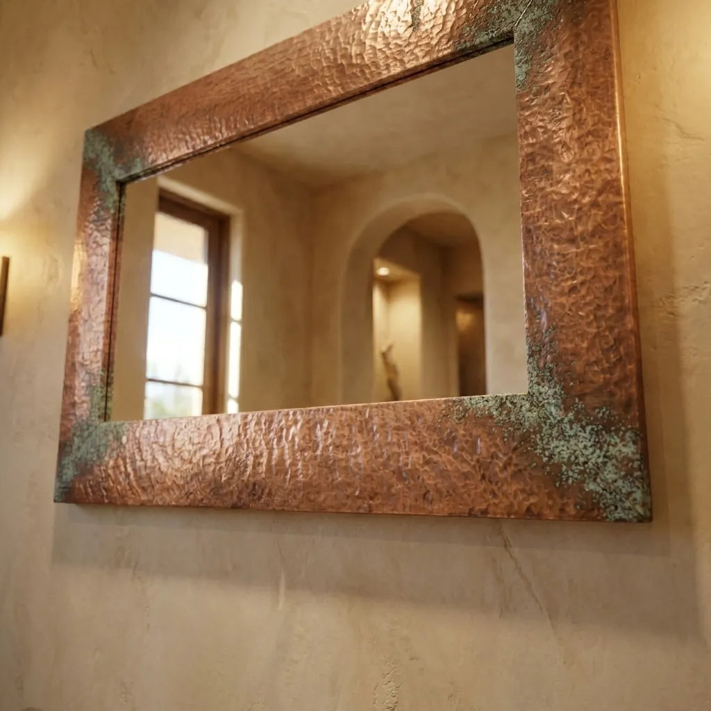 Hammered Copper Wall Mirror – Rustic Patina Vanity Frame