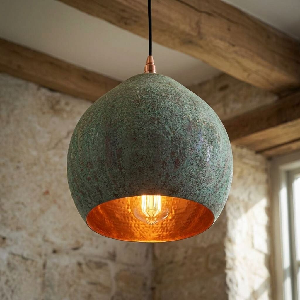 Verdigris Copper Dome Pendant Light – Handmade Rustic Hanging Lamp