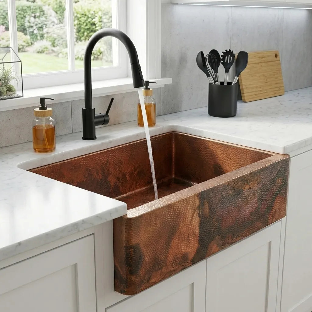 Solid Copper Farmhouse Kitchen Sink with Hammered Finish