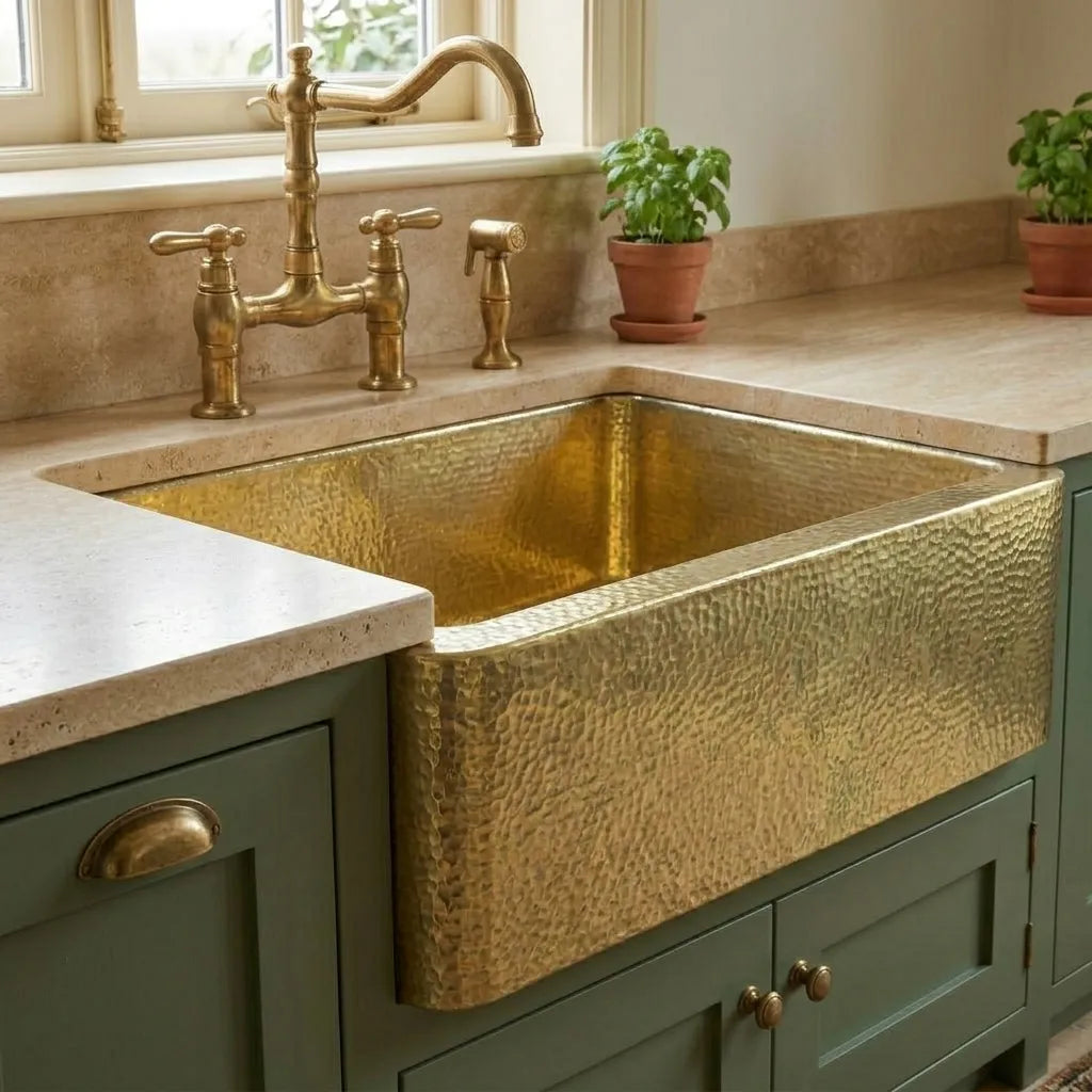 Handmade Hammered Brass Farmhouse Kitchen Sink with Apron Front