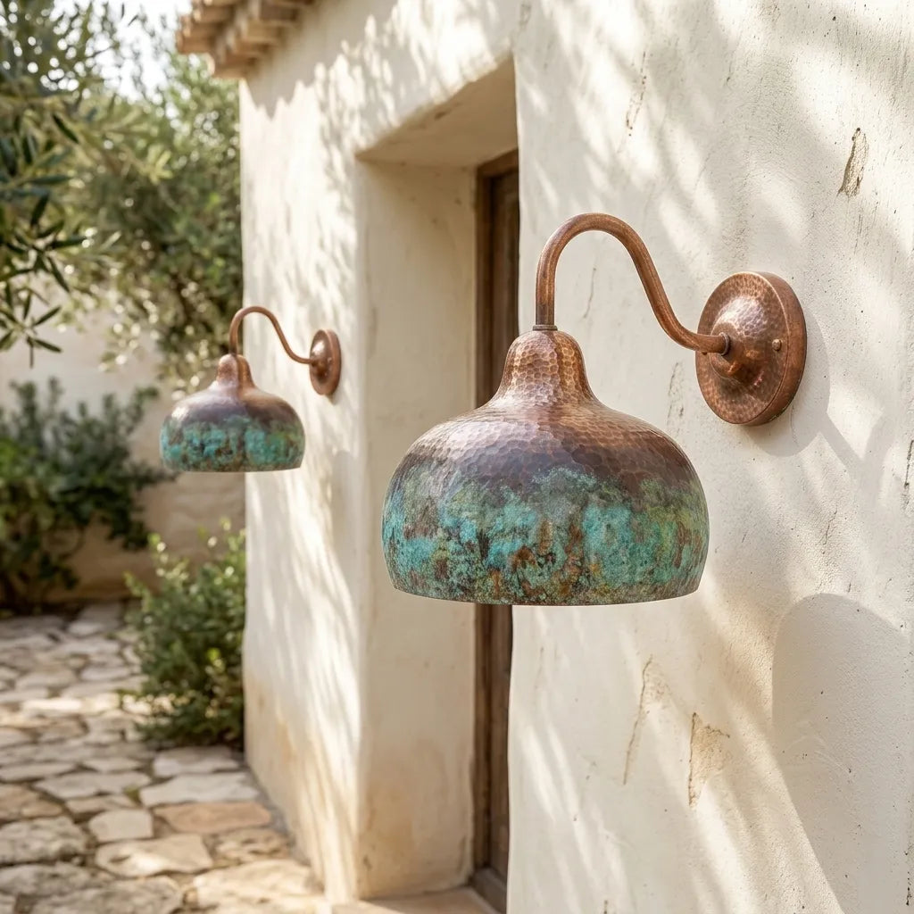 Verdigris Copper Gooseneck Wall Light – Hammered Dome Sconce