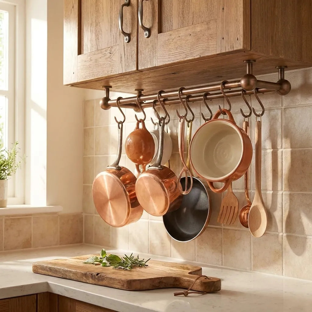 Aged Copper Under Cabinet Pot Rail with S Hooks