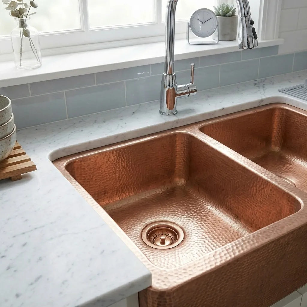 Artisan Hammered Double Bowl Copper Farmhouse Apron Front Kitchen Sink
