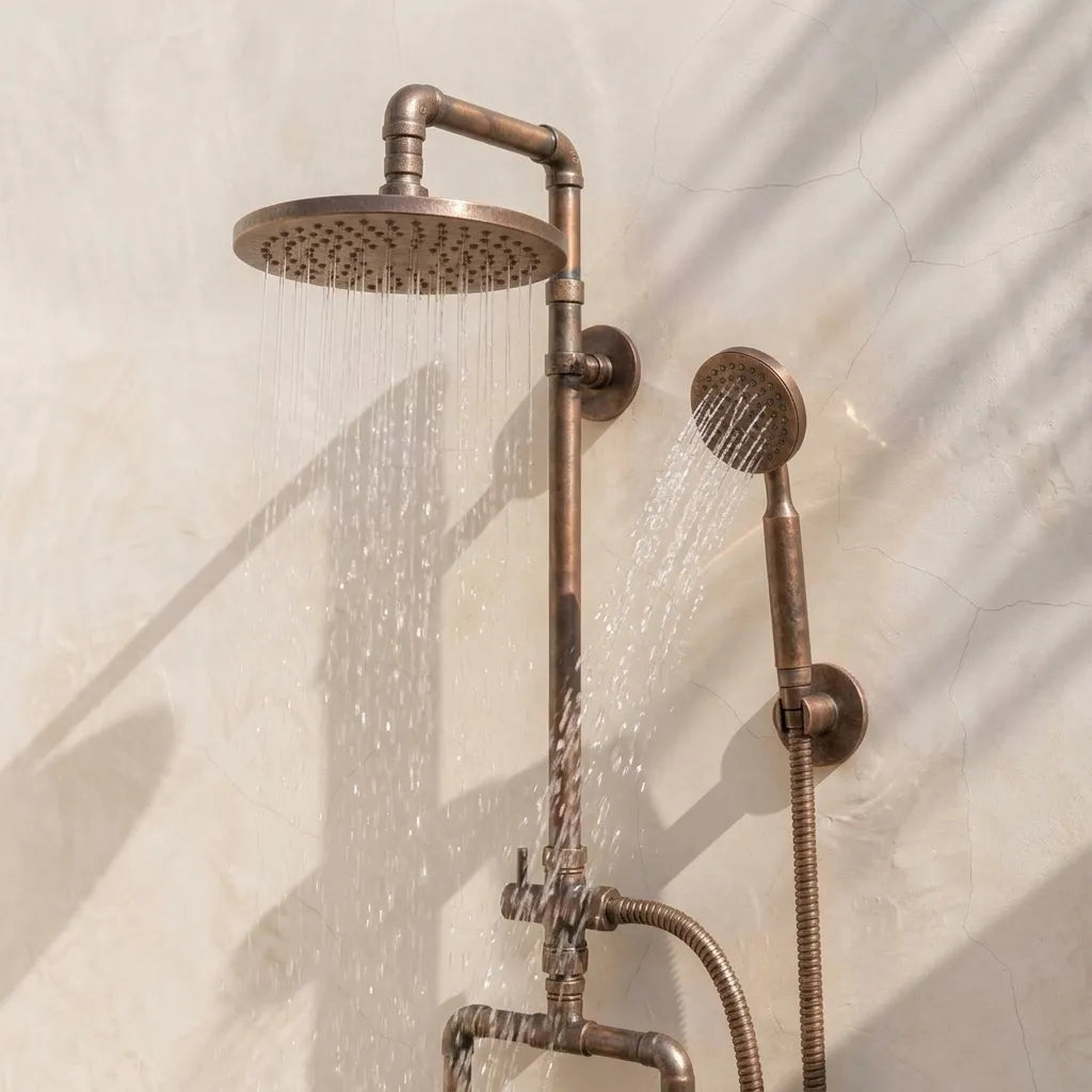 Vintage Copper Exposed Shower Set with Rain Head &amp; Handset