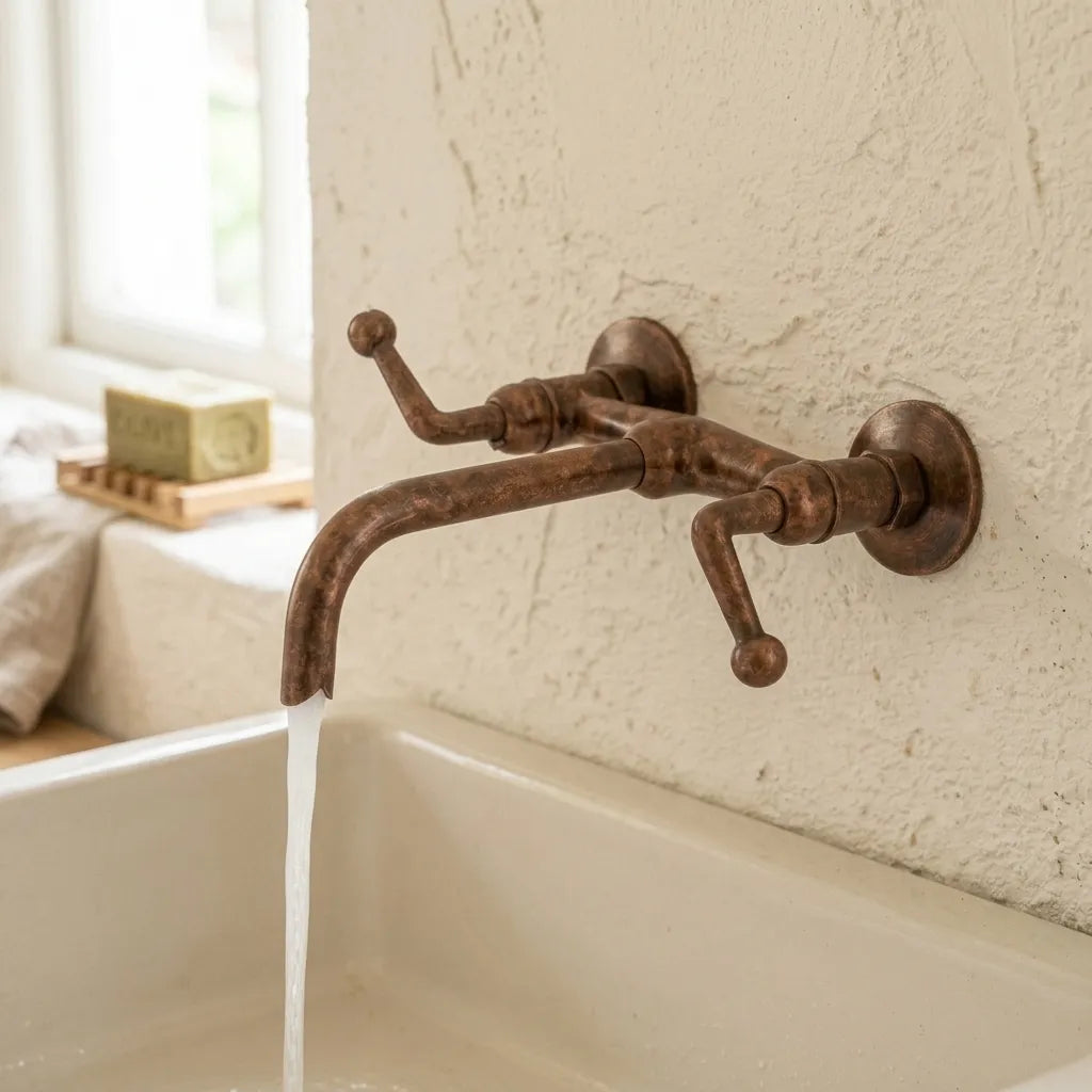 Rustic Aged Copper Wall Faucet with Crossbar Lever Handles