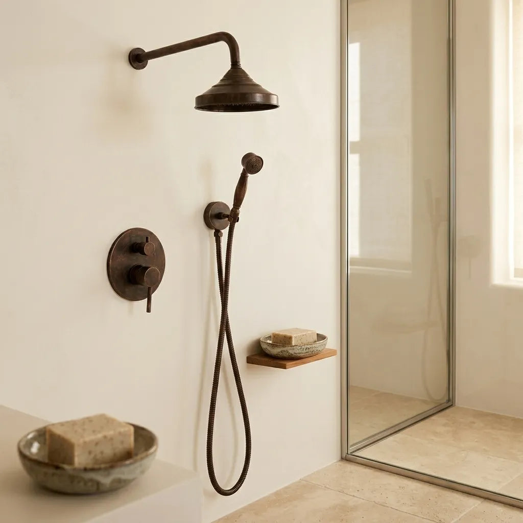 Aged Copper Rainfall Shower Set with Hand Sprayer