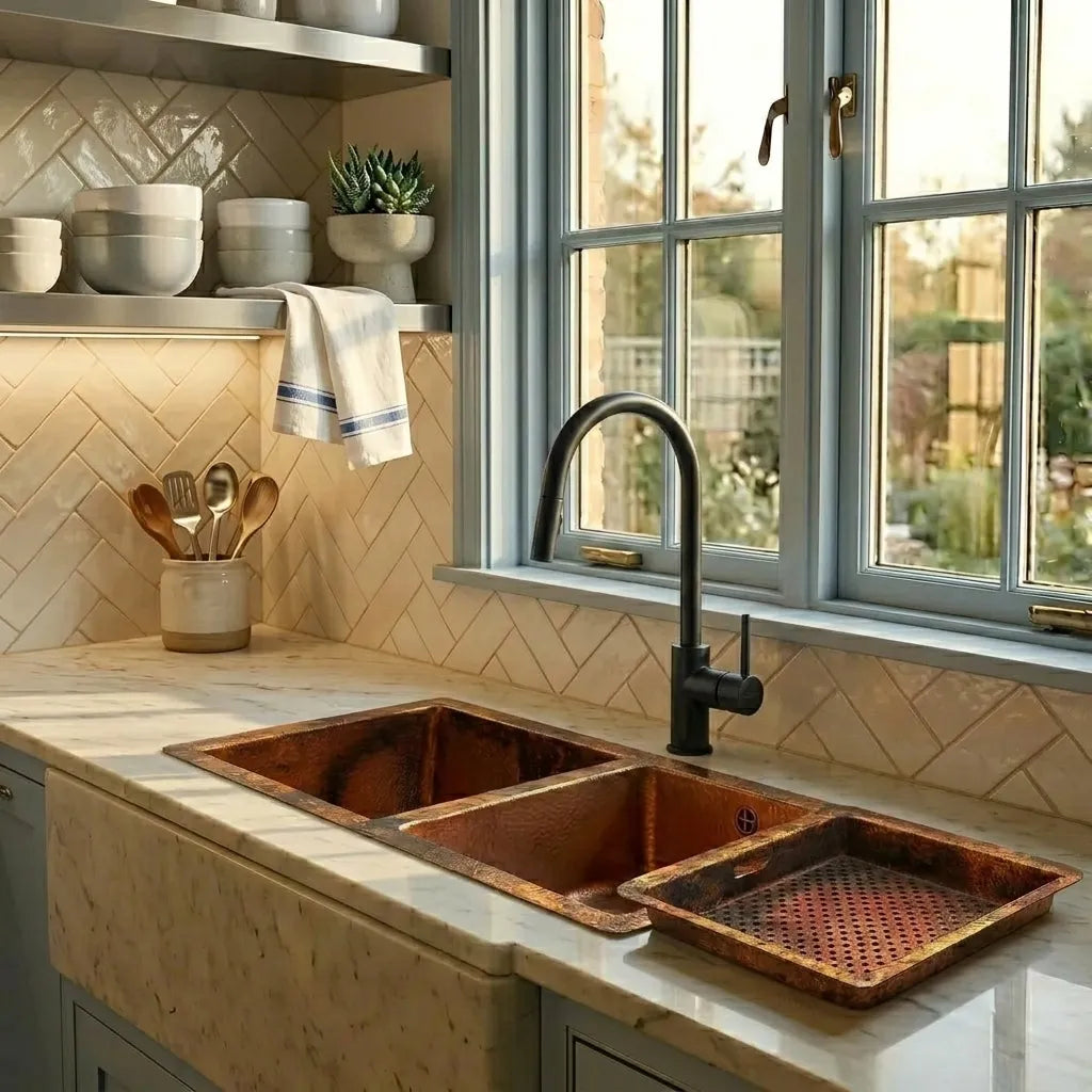 Hammered Copper Double Basin Kitchen Sink with Raised Drying Tray