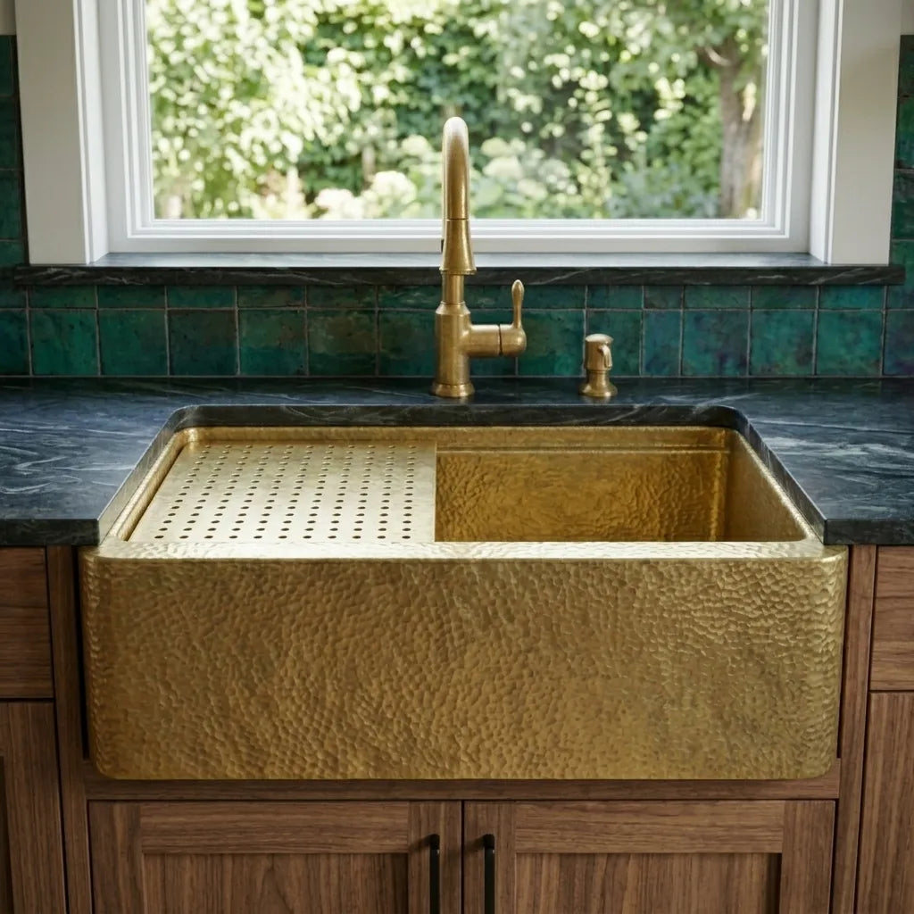 Handmade Hammered Unlacquered Brass Farmhouse Apron Kitchen Sink