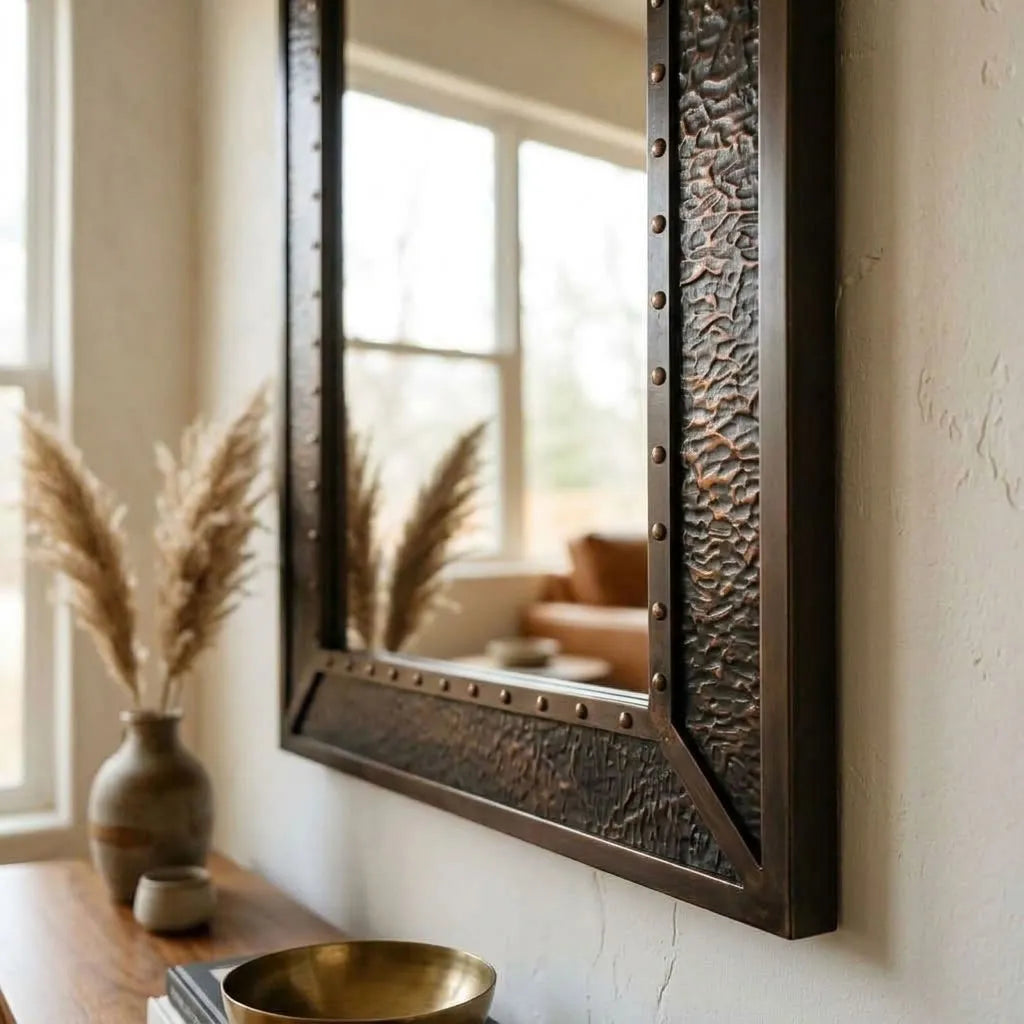 Rectangular Wall Mirror with Riveted Antique-Style Frame
