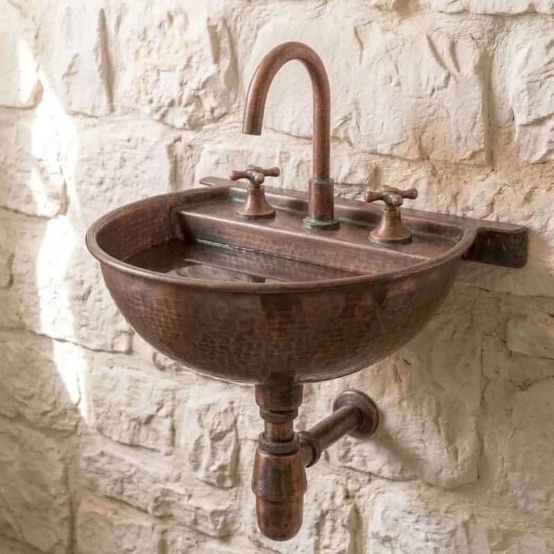 Aged Copper Wall Mount Sink with Faucet & Bottle Trap