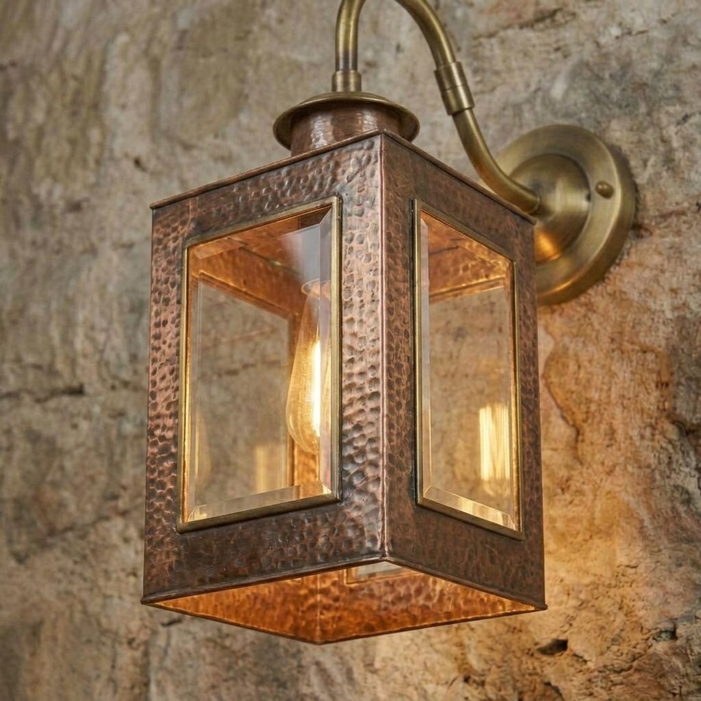 Handcrafted Copper Lantern Wall Sconce with Brass Gooseneck Arm