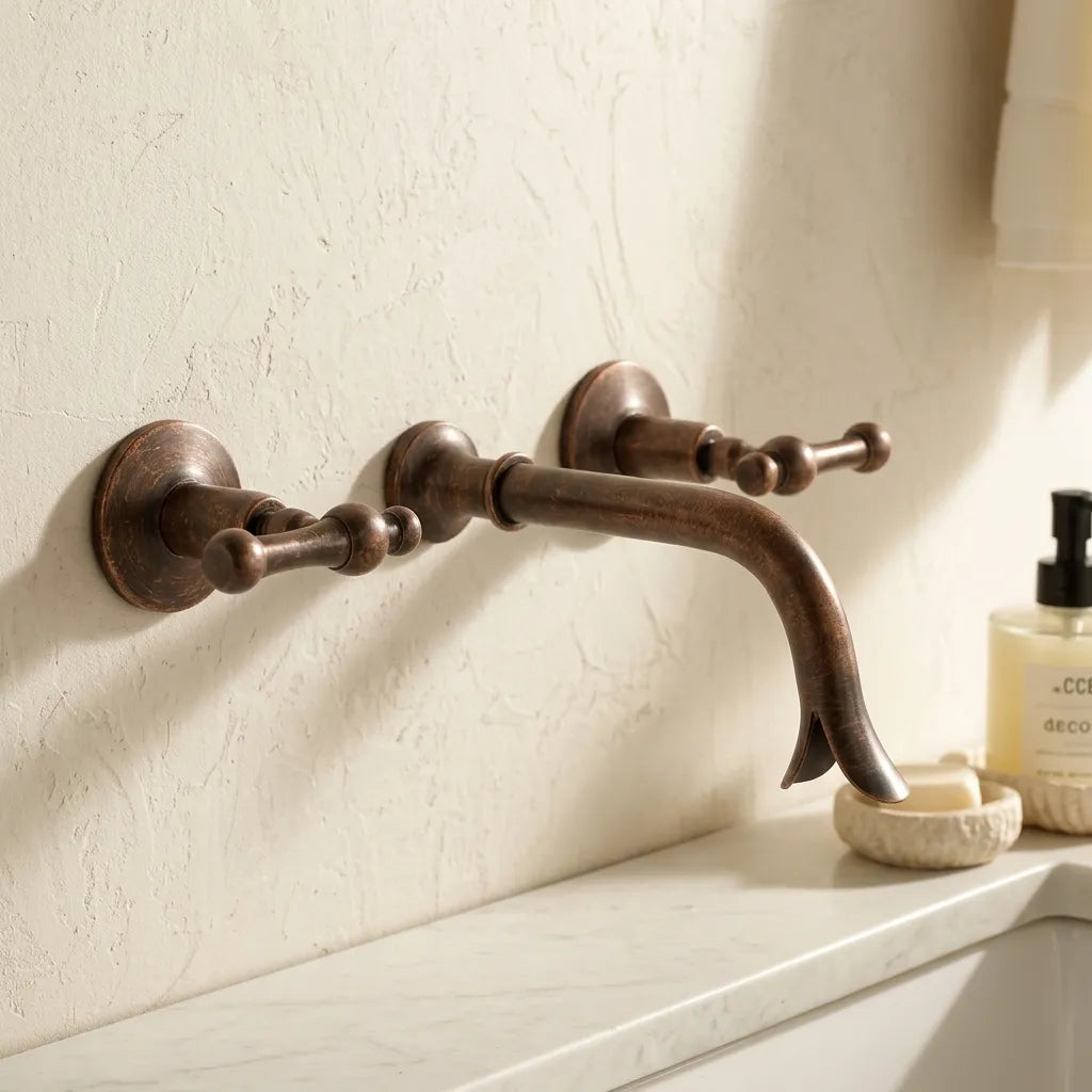 Handmade Patina Copper Wall Faucet with Dual Lever Handles