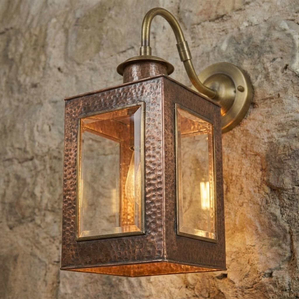 Handcrafted Copper Lantern Wall Sconce with Brass Gooseneck Arm