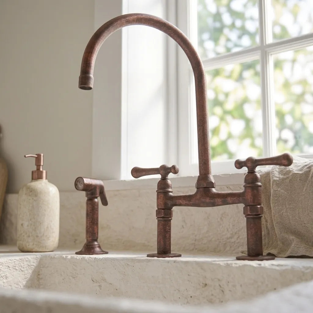 Aged Copper Bridge Kitchen Faucet with Side Sprayer