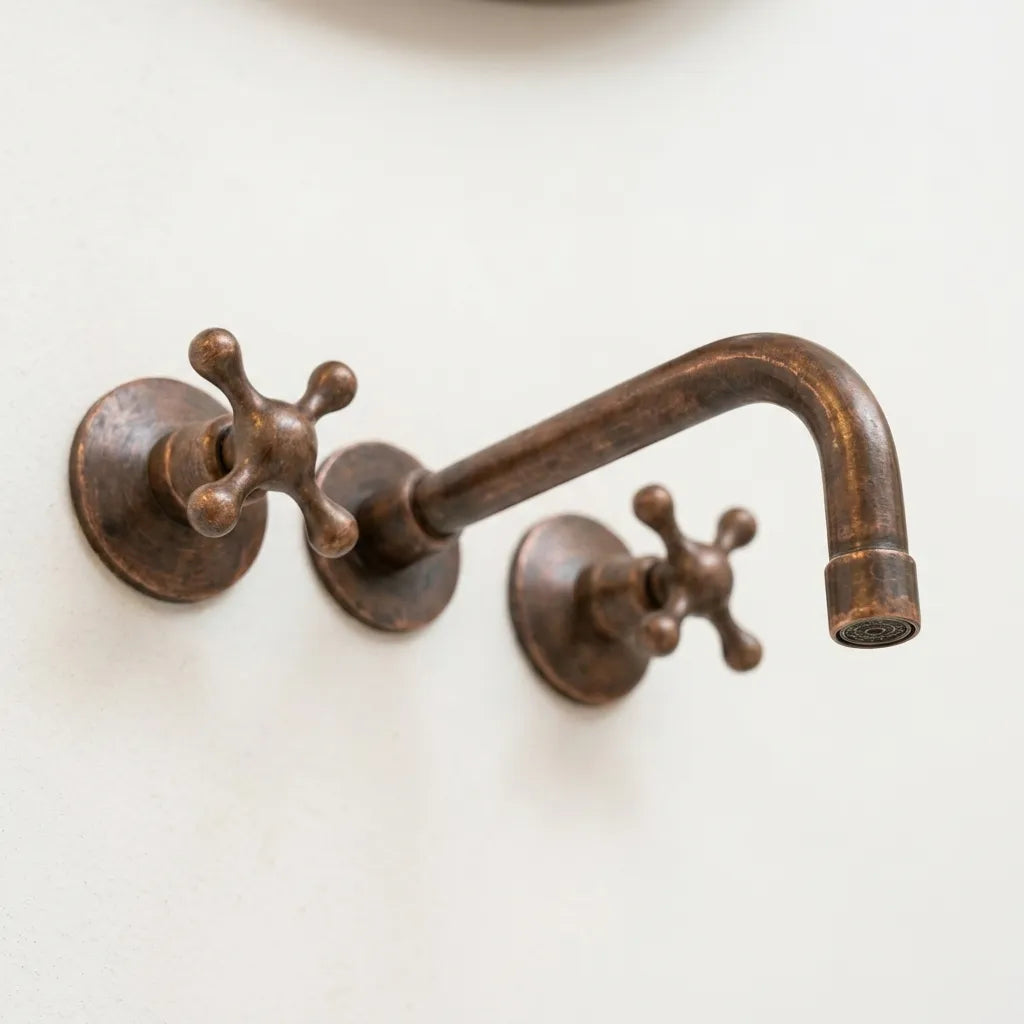Aged Copper Wall Faucet with Vintage Cross Handles
