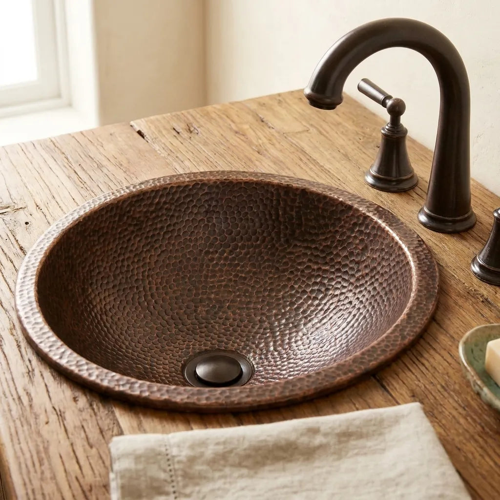 Hammered Copper Bathroom Sink Round Undermount Rustic Vanity Basin