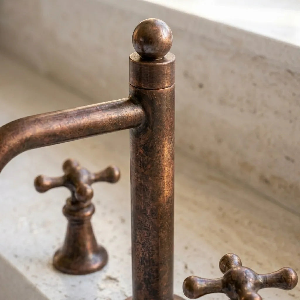 Vintage Copper 3-Hole Basin Faucet with Cross Handles