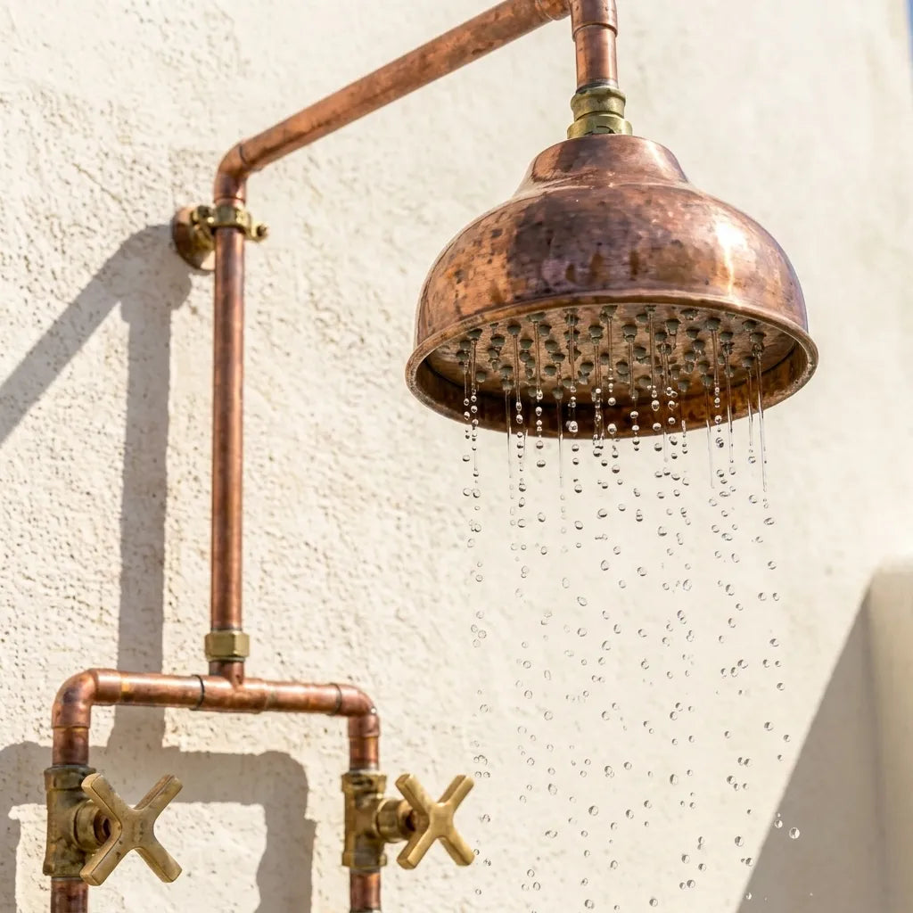 Unlacquered Copper Outdoor Shower System with Wall-Mounted Rain Head