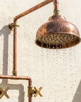 Unlacquered Copper Outdoor Shower System with Wall-Mounted Rain Head
