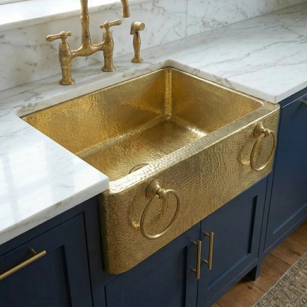 Handmade Hammered Brass Apron Front Farmhouse Kitchen Sink with Ring Handles